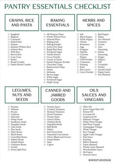 the pantry essentials checklist is shown in green and white, with text that reads pantry