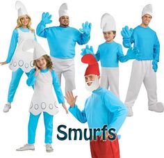 the smurfs are all dressed up in blue and white costumes, including one man wearing