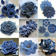 several pictures of blue flowers made from old jeans and laces, including one large flower