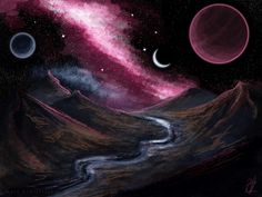 three planets in the sky with mountains and stars around them, as well as a river running between them