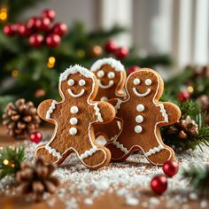 two decorated gingerbreads sitting on top of a table