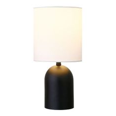 a black table lamp with a white shade on the base and a light bulb at the end