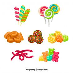 colorful lollipops and candies are arranged in different shapes on a white background