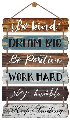 PRICES MAY VARY. KEEP POSITIVITY EVERY DAY: Have this hanging on obvious wall place of your bedroom living room office. Love seeing positive affirmations to start everyday! A comfortable size not too big but looks appropriate for where it hangs. FARMHOUSE & INSPIRATIONAL: Consists of 6 pieces cut out strung plaques with saying: Be kind/Dream big/Be positive/Work hard/Stay humble/Keep smiling.Distressed and vintage tones.Such classic sign well blends in with your other wall mantle tabletop decora Positive Wall Art, Work Hard Stay Humble, Dream Big Work Hard, Rustic Office, Positive Vibes Quotes, Motivational Wall Decor, Office Decorations, Be Positive, Rustic Wall Art