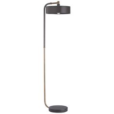 a floor lamp with a black shade on the base and a gold metal arm,