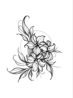 a black and white drawing of flowers on a white background with the letter m in the middle