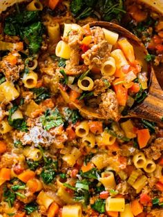 a wooden spoon full of pasta and meat soup with spinach on the side in a white bowl