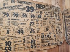 an old newspaper advertises the price of meats on display in front of a wooden wall