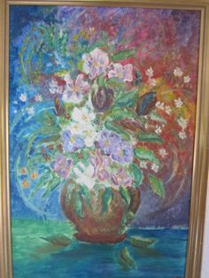 an oil painting of flowers in a vase