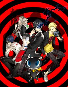 an image of some anime characters in the middle of a spiral design with red and black stripes