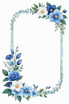 a blue and white flower frame with leaves