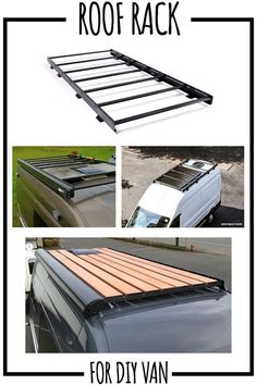 the roof rack is mounted on top of a van with wood planks and metal bars