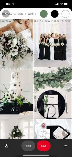 the wedding party is in black and white, with greenery on each side of the photo