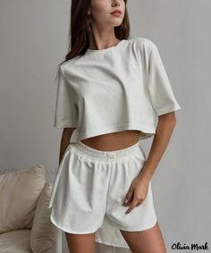 Olivia Mark - Relaxed Wear Belted Shorts and Sleeveless Top Affordable White Short Set For Playwear, Casual Suit Women, Loose Crop Top, Simple Summer Outfits, Suit Women, Casual Outerwear, Nightgowns For Women, Short T Shirt, Belted Shorts