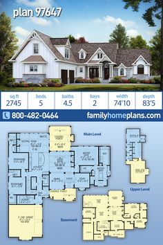 the floor plan for this home is shown in blue and white, with two story houses on