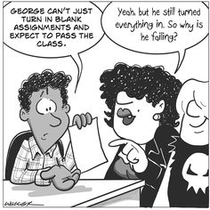 a comic strip with two people sitting at a table and one is talking to the other