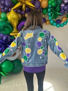 Throw Me Something Mister Mardi Gras Jacket-Jackets-Bloom West Boutique Custom-Shop with Bloom West Boutique Mardi Gras Jean Jacket Painted, Mardi Gras Painted Jeans, Mardi Gras Jeans, Mardi Gras Jean Jacket, Diy Mardi Gras Outfit, Mardi Gras Jacket, Mardi Gras Outfits For Women, Mardi Gras Makeup, Throw Me Something Mister