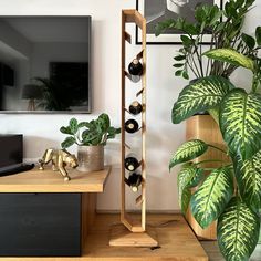 a wooden wine rack sitting on top of a table next to a potted plant