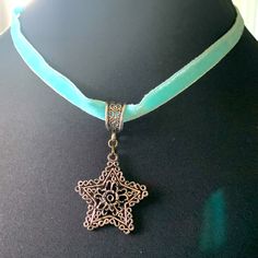 Necklace Star Choker Aqua Blue Velvet Choker Star Filigree Pendant Charm Lobster Clasp Extension Chain Nwot Handmade Approx 16” With 2” Extension Chain Silver Star-shaped Choker For Party, Adjustable Silver Star Choker, Star Choker, Necklace Star, Filigree Pendant, Velvet Choker, Blue Velvet, Aqua Blue, Blue And Silver