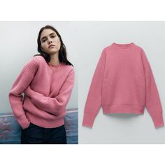 Brand New With Tag 100%Wool Chic Pink Cropped Sweater For Winter, Chic Spring Sweater For Cold Weather, Pink Knitted Winter Knit Top, Pink Knitted Top For Winter, Pink Winter Knit Top, Ribbed Spring Sweater For Cold Weather, Ribbed Sweater For Cold Weather In Spring, Soft Knit Tops For Cold Weather In Spring, Spring Ribbed Sweater For Cold Weather