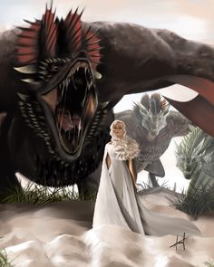 a woman in white dress standing next to a giant dinosaur with it's mouth open