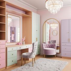 a bedroom with pink furniture and chandelier hanging from the ceiling next to a white rug