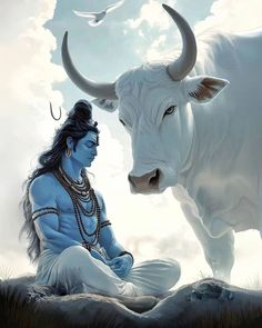 there is a painting of a cow and a man sitting on the ground next to each other