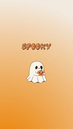 an orange background with a ghost holding a pumpkin in it's mouth and the words spooky above it