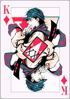 a playing card with an image of a man holding a diamond in the middle of his chest