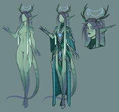 three different poses of an alien woman with long hair and horns on her head, one in