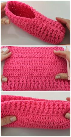 crocheted slippers are being made with pink yarn and one is holding the bottom part