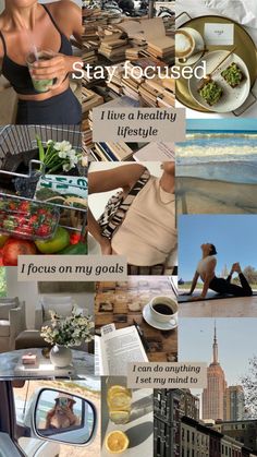 a collage of photos with words and pictures about food, drink, and health