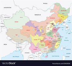 a large map of china with all the states and their major cities in bright colors