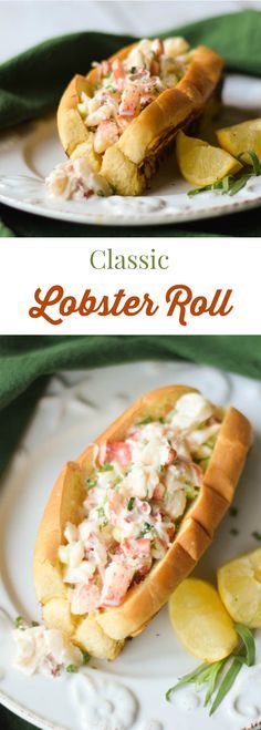 lobster roll on a plate with lemon wedges