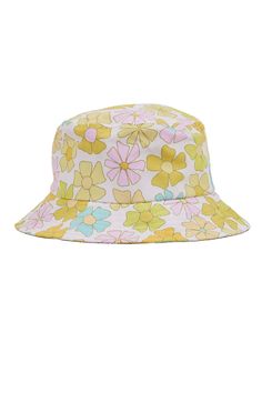 Surfy Birdy daydreamed this retro floral print just for Seaesta Surf. This bucket hat was designed in collaboration with our artist friend Rachel Dejohn aka Surfy Birdy. Seaesta Surf kids bucket hats are earth and performance conscious, featuring eco-friendly fabrics and a full brim to keep your kiddos covered while they play. Our kids bucket hats are consciously made from recycled fabric. Designed in sunny Southern California for the kids who live to surf, eat, nap. Retro Summer Sun Hat, Retro Beach Bucket Hat With Short Brim, Retro Short Brim Bucket Hat For Beach, Retro Short Brim Bucket Hat For The Beach, Retro Yellow Bucket Hat For Spring, Retro Multicolor Bucket Hat With Curved Brim, Retro Adjustable Bucket Hat With Flat Brim, Spring Floral Print Cap, Yellow Retro Bucket Hat With Curved Brim