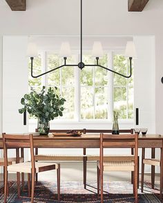 a dining room table with chairs and a potted plant on top of the table