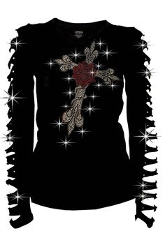 "Bling Bling Rhinestones T-Shirt Rose Fleur Cross with Ripped Slit Cut Out Long Sleeve Shirt 95% Cotton 5% Spandex Choose Size S,M,L, XL 1XL, 2XL, 3XL ,4XL Great Deal !! Color ; Black 95% Cotton 5% Spandex Bust (Laying flat,Armpit to Armpit): (Small) 16 \" (Medium) 17 \" (Large) 18 \" ( XL) 19 \" (1XL) 20 \" (2XL) 23 \" (3XL) 25 \" (4XL) 26 \"" Rhinestone Outfit, Bling Rhinestones, Slay Outfits, Rhinestone Shirts, Scene Outfits, Cross Shirts, Alt Outfits, Gothic Clothes, Long Tee