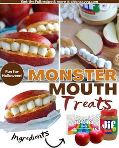 an apple with marshmallows on it and the words monster mouth treats written below