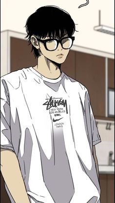 an anime character with glasses and a t - shirt