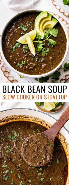 black bean soup with avocado and cilantro in a bowl