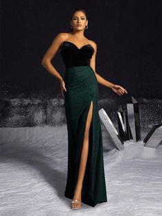 Elegant Black And Green Velvet Colorblock Strapless High Slit Fitted Long Gown, Formal Evening Gown, Prom Dress For Women, Elegant Party Dress Dark Green Elegant  Sleeveless Knitted Fabric Plain Bodycon Slight Stretch  Weddings & Events, size features are:Bust: ,Length: ,Sleeve Length: Fitted Long Gown, Matching Family Holiday Pajamas, Wedding Event Dresses, Elegant Party Dress, Formal Evening Gown, Velvet Maxi Dress, Velvet Maxi, Elegant Party Dresses, Christmas Party Outfits