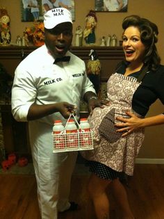 a man and woman are dressed up as bakers for a halloween costume party together