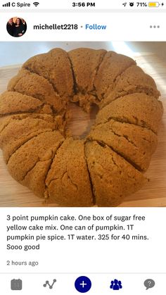 a bundt cake on a wooden table with the text, 3 point pumpkin cake one box of sugar free yellow cake mix