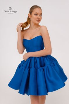 Semi sweetheart neckline sapphire color sleeveless formal gown Mini Dress With Boned Fitted Bodice, Mini Dress With Boned Overbust Bodice, Fitted Boned Bodice Mini Dress, Gala Mini Dress With Sweetheart Neckline And Ruched Bodice, Strapless Mini Dress With Ruched Bodice For Prom, Boned Corset Dress For Gala Or Prom, Satin Dress With Lace-up Back And Sweetheart Neckline, Bridesmaid Dresses With Ruffles And Fitted Bodice, Fitted A-line Mini Dress With Lace-up Back