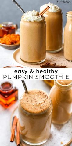 pumpkin smoothie with whipped cream and cinnamon on the rim in two small glass jars