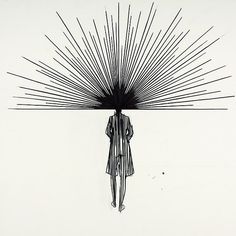 a drawing of a person holding an umbrella in front of their head with rays coming out of it