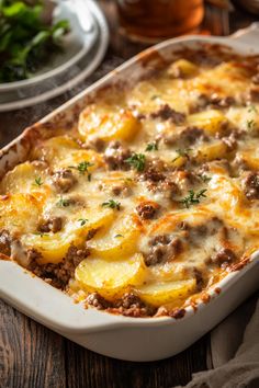 a casserole dish with meat, cheese and potatoes in it on a wooden table