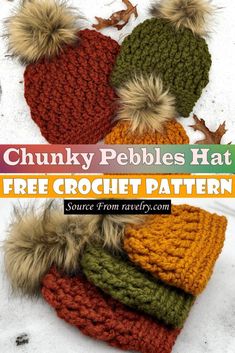 chunky pebbles hat free crochet pattern with text overlay that says chunky pebbles hat free crochet pattern