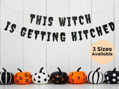 halloween decorations with the words drink up witches in black and white on them, along with pumpkins