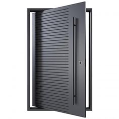 an open metal door with shutters on the outside and side panels in grey, isolated against a white background